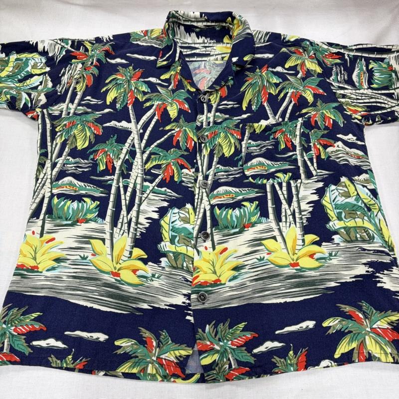 ヴィンテージ VINTAGE シャツ、ブラウス 半袖 80s ヴィンテージ 半袖 アロハシャツ かりゆしウェア hawaiian シングルステッチ ヤシの木 トロピカル プリント - 総柄 X プリント 紺 / ネイビー / navy X マルチカラー / マルチカラー / multicolor メンズ USED 古着 中古 50166408