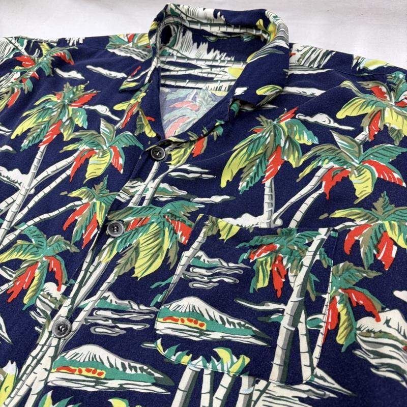 ヴィンテージ VINTAGE シャツ、ブラウス 半袖 80s ヴィンテージ 半袖 アロハシャツ かりゆしウェア hawaiian シングルステッチ ヤシの木 トロピカル プリント - 総柄 X プリント 紺 / ネイビー / navy X マルチカラー / マルチカラー / multicolor メンズ USED 古着 中古 50166408