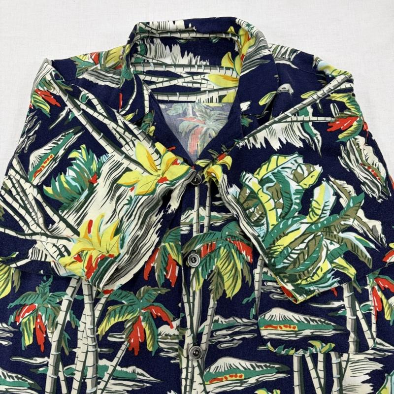 ヴィンテージ VINTAGE シャツ、ブラウス 半袖 80s ヴィンテージ 半袖 アロハシャツ かりゆしウェア hawaiian シングルステッチ ヤシの木 トロピカル プリント - 総柄 X プリント 紺 / ネイビー / navy X マルチカラー / マルチカラー / multicolor メンズ USED 古着 中古 50166408