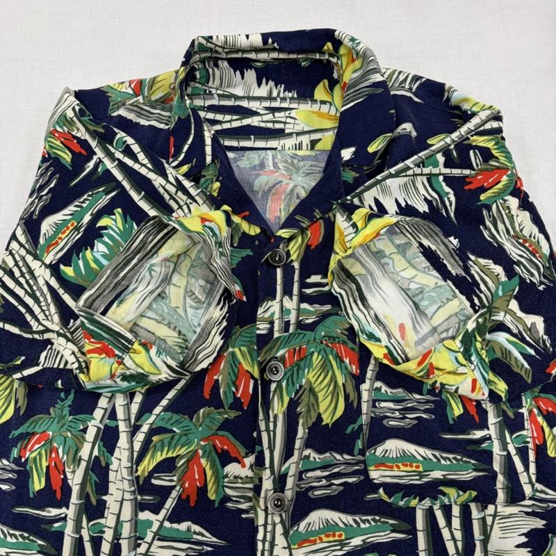 ヴィンテージ VINTAGE シャツ、ブラウス 半袖 80s ヴィンテージ 半袖 アロハシャツ かりゆしウェア hawaiian シングルステッチ ヤシの木 トロピカル プリント - 総柄 X プリント 紺 / ネイビー / navy X マルチカラー / マルチカラー / multicolor メンズ USED 古着 中古 50166408