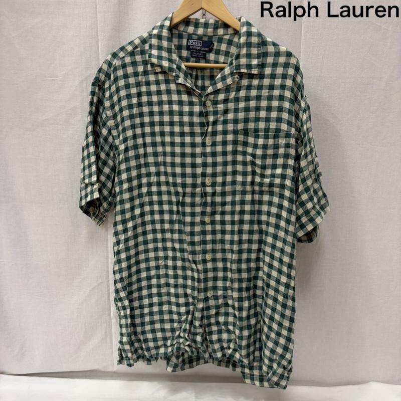ラルフローレン RALPHLAUREN シャツ、ブラウス 半袖 caldwell 開襟半袖シャツ リネン100% ブロックチェック ボックスシルエット L チェック 白 / ホワイト / white X 緑 / グリーン / green メンズ USED 古着 中古 50166437
