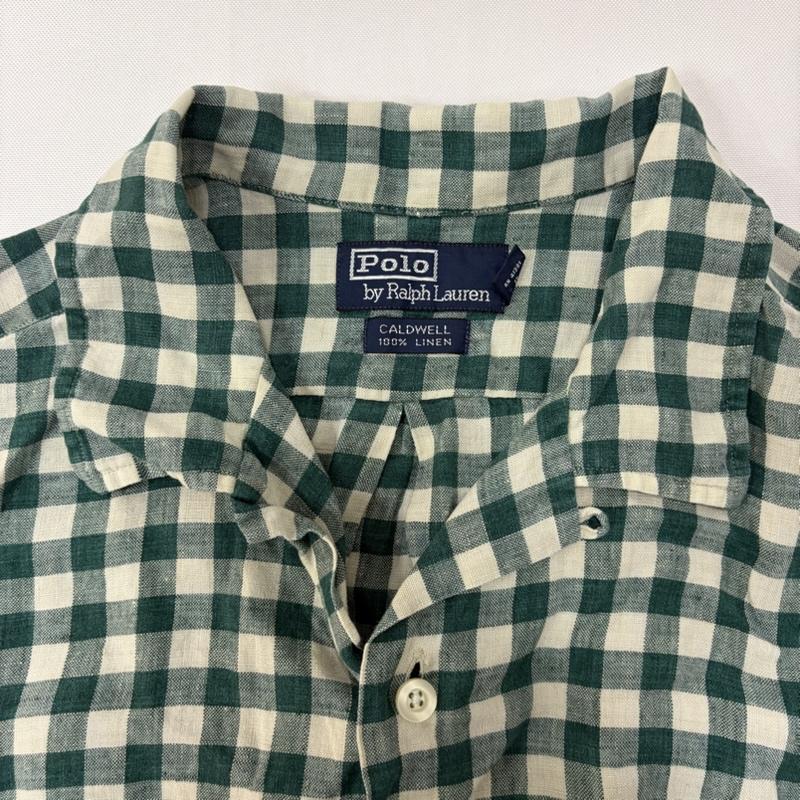 ラルフローレン RALPHLAUREN シャツ、ブラウス 半袖 caldwell 開襟半袖シャツ リネン100% ブロックチェック ボックスシルエット L チェック 白 / ホワイト / white X 緑 / グリーン / green メンズ USED 古着 中古 50166437