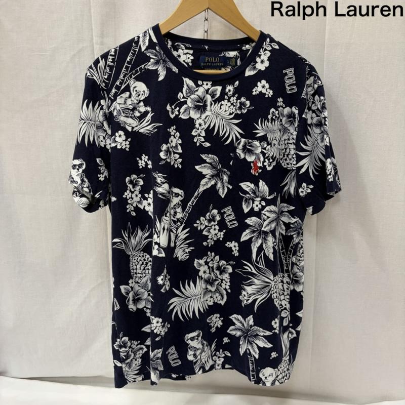 ポロラルフローレン POLO RALPH LAUREN Tシャツ 半袖 ポロベア アロハ ハイビスカス ネイビー L 総柄 白 / ホワイト / white X 紺 / ネイビー / navy メンズ USED 古着 中古 50166562
