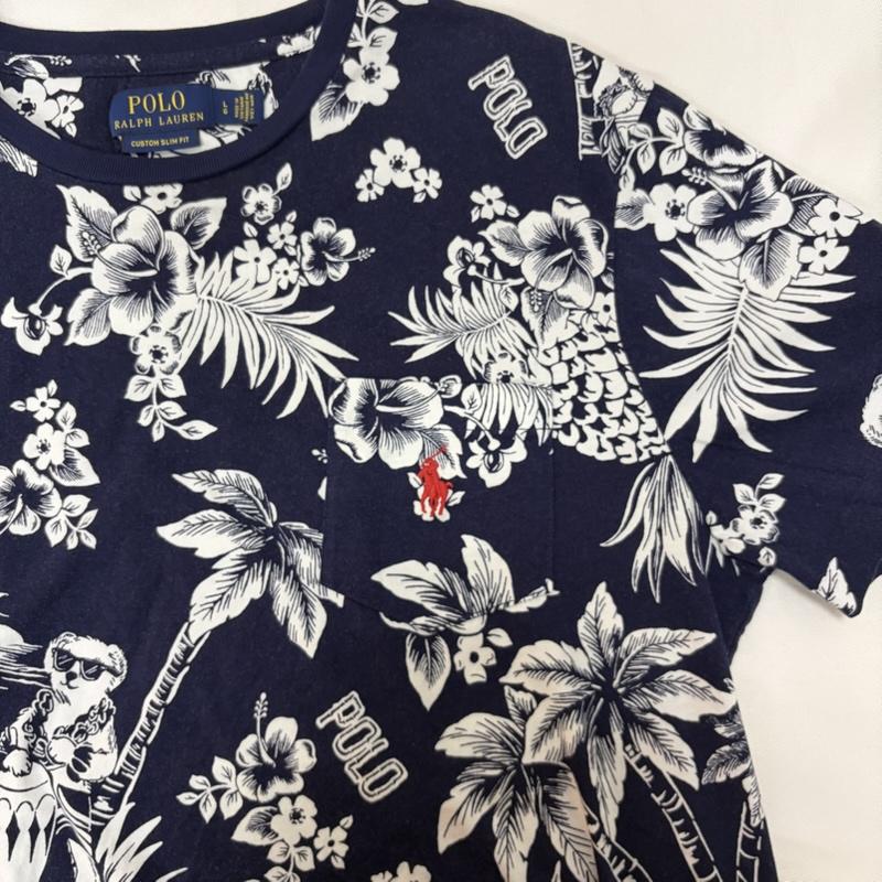 ポロラルフローレン POLO RALPH LAUREN Tシャツ 半袖 ポロベア アロハ ハイビスカス ネイビー L 総柄 白 / ホワイト / white X 紺 / ネイビー / navy メンズ USED 古着 中古 50166562