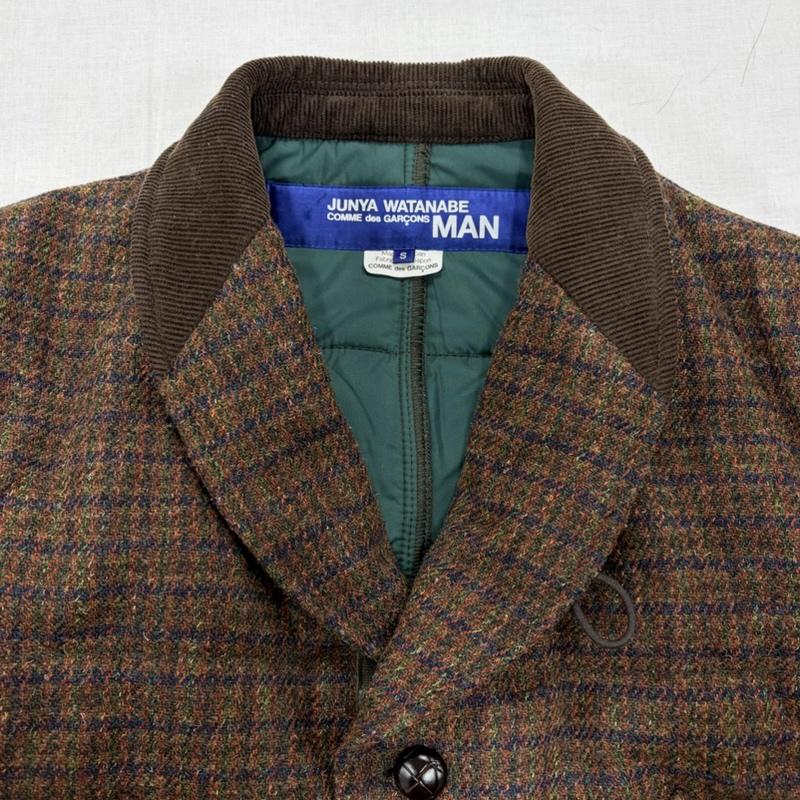 ジュンヤワタナベコムデギャルソンマン JUNYA WATANABE COMME des GARCONS MAN ジャケット、上着 ジャケット、ブレザー 中綿 ツイード ジャケット コーデュロイカラー エルボーパッチ S チェック 茶 / ブラウン / brown メンズ USED 古着 中古 50166588