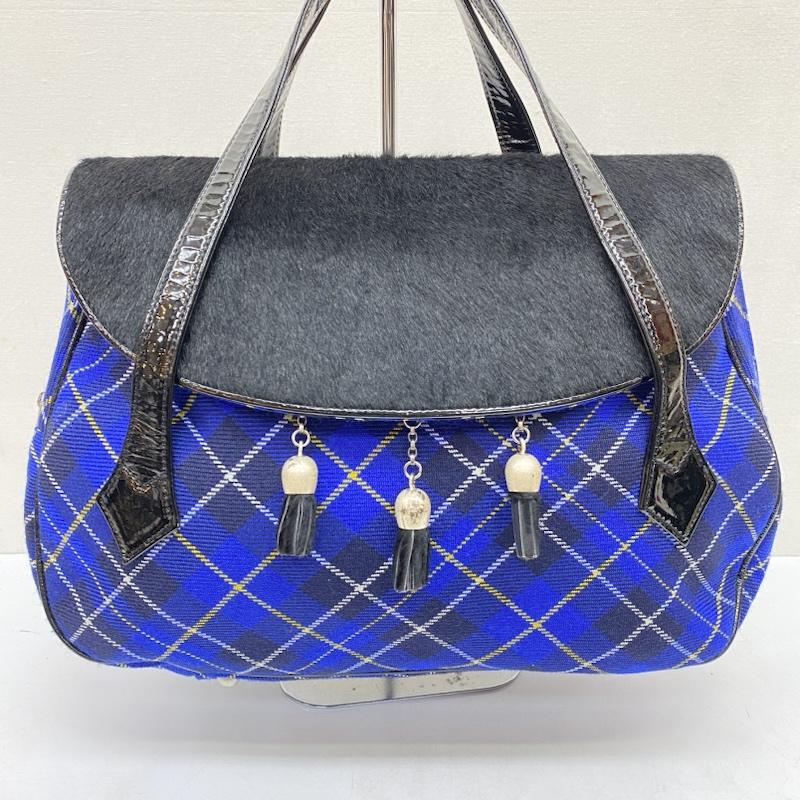 ヴィヴィアンウエストウッド Vivienne Westwood ハンドバッグ ハンドバッグ ハラコ タータンチェック ハンドバッグ フラップ タッセルチャーム - 黒 / ブラック / black X 青 / ブルー / blue レディース USED 古着 中古 50166616