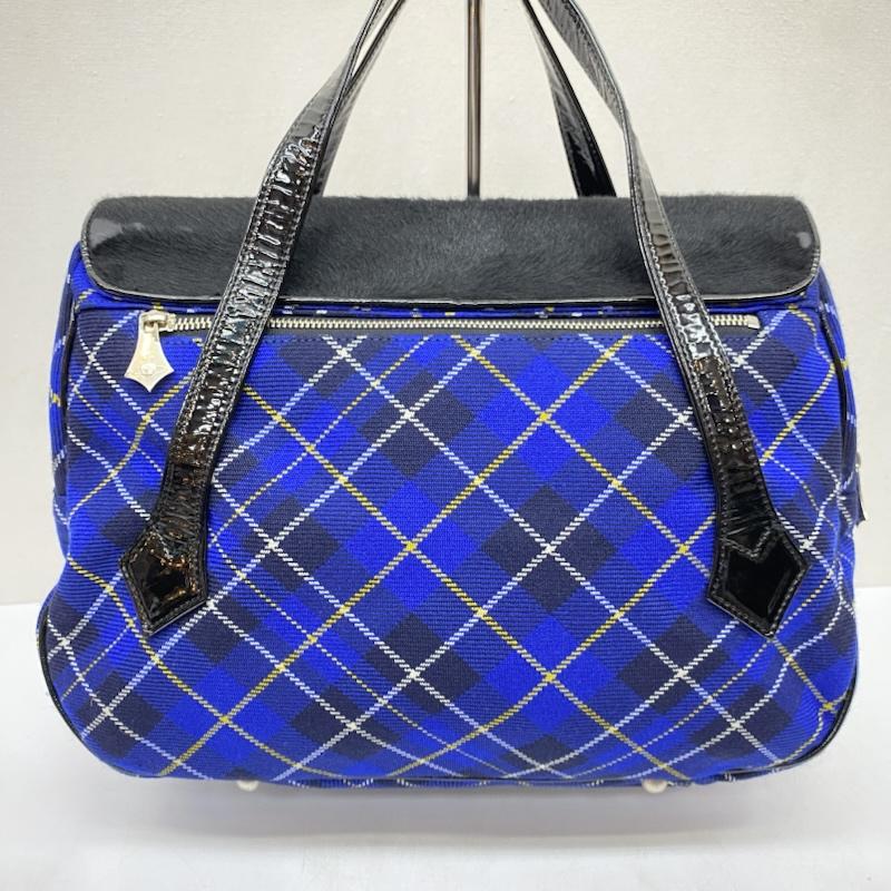 ヴィヴィアンウエストウッド Vivienne Westwood ハンドバッグ ハンドバッグ ハラコ タータンチェック ハンドバッグ フラップ タッセルチャーム - 黒 / ブラック / black X 青 / ブルー / blue レディース USED 古着 中古 50166616