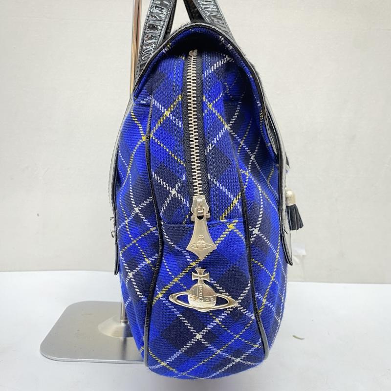 ヴィヴィアンウエストウッド Vivienne Westwood ハンドバッグ ハンドバッグ ハラコ タータンチェック ハンドバッグ フラップ タッセルチャーム - 黒 / ブラック / black X 青 / ブルー / blue レディース USED 古着 中古 50166616