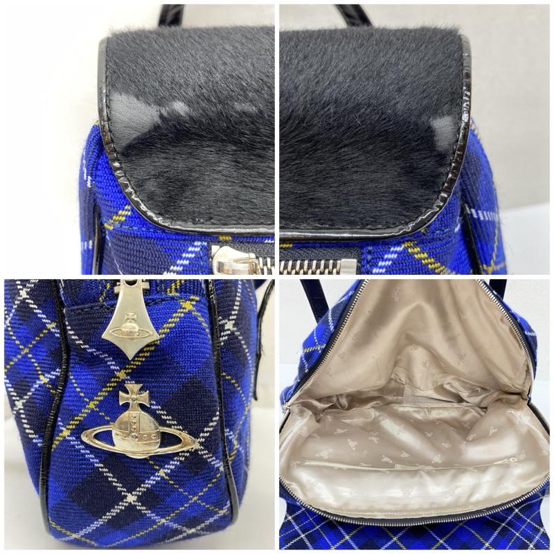 ヴィヴィアンウエストウッド Vivienne Westwood ハンドバッグ ハンドバッグ ハラコ タータンチェック ハンドバッグ フラップ タッセルチャーム - 黒 / ブラック / black X 青 / ブルー / blue レディース USED 古着 中古 50166616