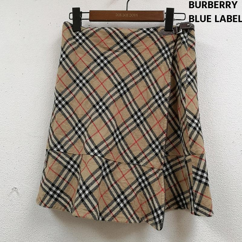 バーバリー・ブルーレーベル BURBERRY BLUE LABEL スカート ひざ丈スカート ノバチェック アシンメトリー レザー ベルト ラップ風 フレア スカート FLF74-520 38 ベージュ / ベージュ / beige レディース USED 古着 中古 50166689