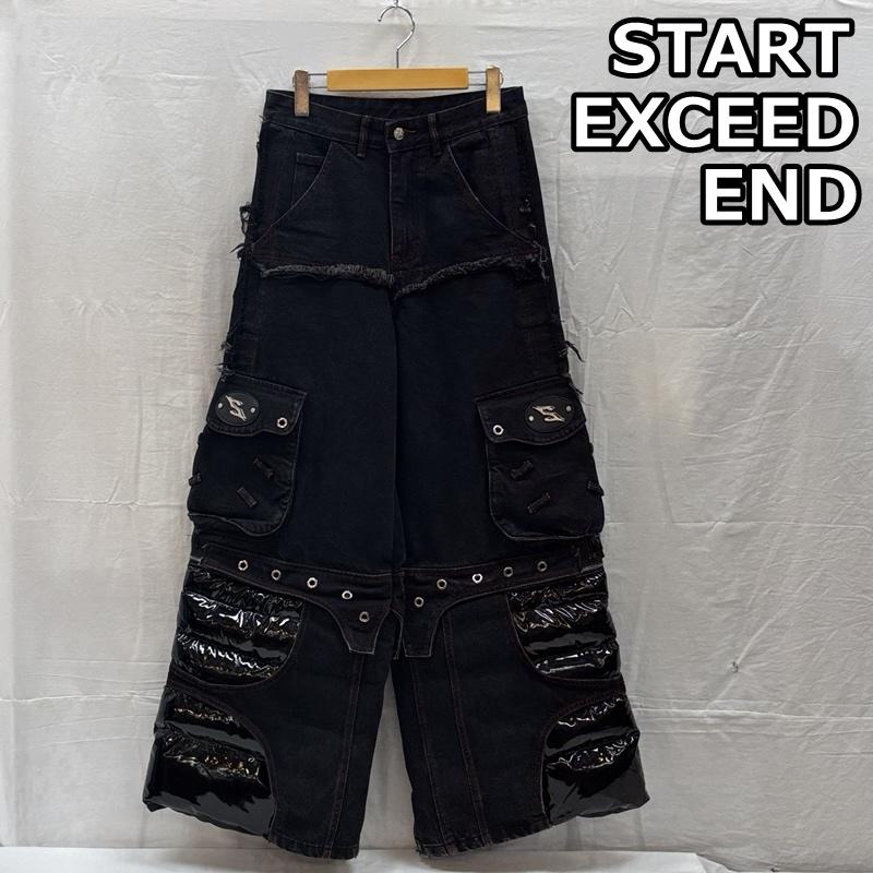 古着 USED ボトムス ボトムス START EXCEED END 2way ワイド カーゴ デニム パンツ PUレザー切替 S 黒 / ブラック / black メンズ USED 古着 中古 50166704