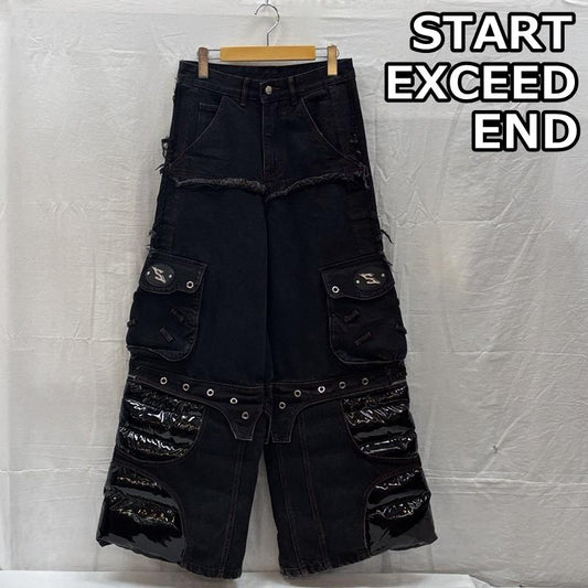 古着 USED ボトムス ボトムス START EXCEED END 2way ワイド カーゴ デニム パンツ PUレザー切替 S 黒 / ブラック / black メンズ USED 古着 中古 50166704