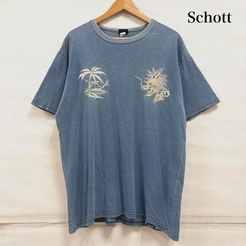 ショット schott Tシャツ 半袖 半袖 ウォッシュ加工 ドラゴン ヤシの木 刺繍 Tシャツ XL 刺繍 青 / ブルー / blue X ベージュ / ベージュ / beige X 白 / ホワイト / white メンズ USED 古着 中古 50166780
