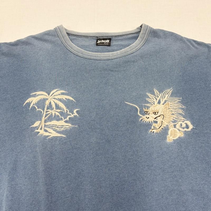 ショット schott Tシャツ 半袖 半袖 ウォッシュ加工 ドラゴン ヤシの木 刺繍 Tシャツ XL 刺繍 青 / ブルー / blue X ベージュ / ベージュ / beige X 白 / ホワイト / white メンズ USED 古着 中古 50166780
