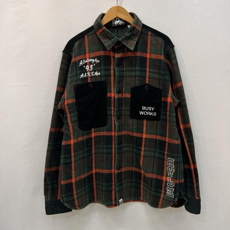 アベイシングエイプ A BATHING APE シャツ、ブラウス 長袖 コーデュロイ 切替 チェック柄 ネルシャツ ロゴ XL 緑 / グリーン / green メンズ USED 古着 中古 50166810