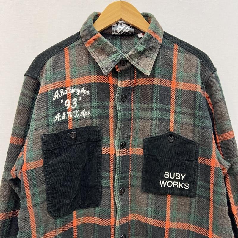 アベイシングエイプ A BATHING APE シャツ、ブラウス 長袖 コーデュロイ 切替 チェック柄 ネルシャツ ロゴ XL 緑 / グリーン / green メンズ USED 古着 中古 50166810