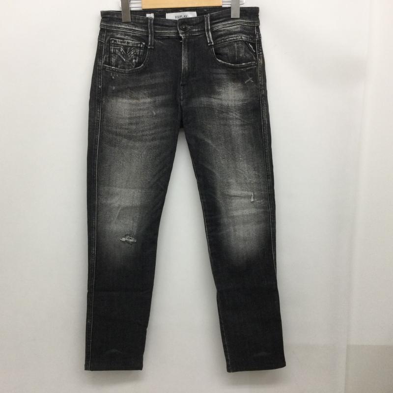 リプレイ REPLAY パンツ デニム、ジーンズ ANBASS SLIM FIT ストレッチ ブラックジーンズ ダメージ加工デニムパンツ 28インチ 28インチ 無地 黒 / ブラック / black メンズ USED 古着 中古 50167043