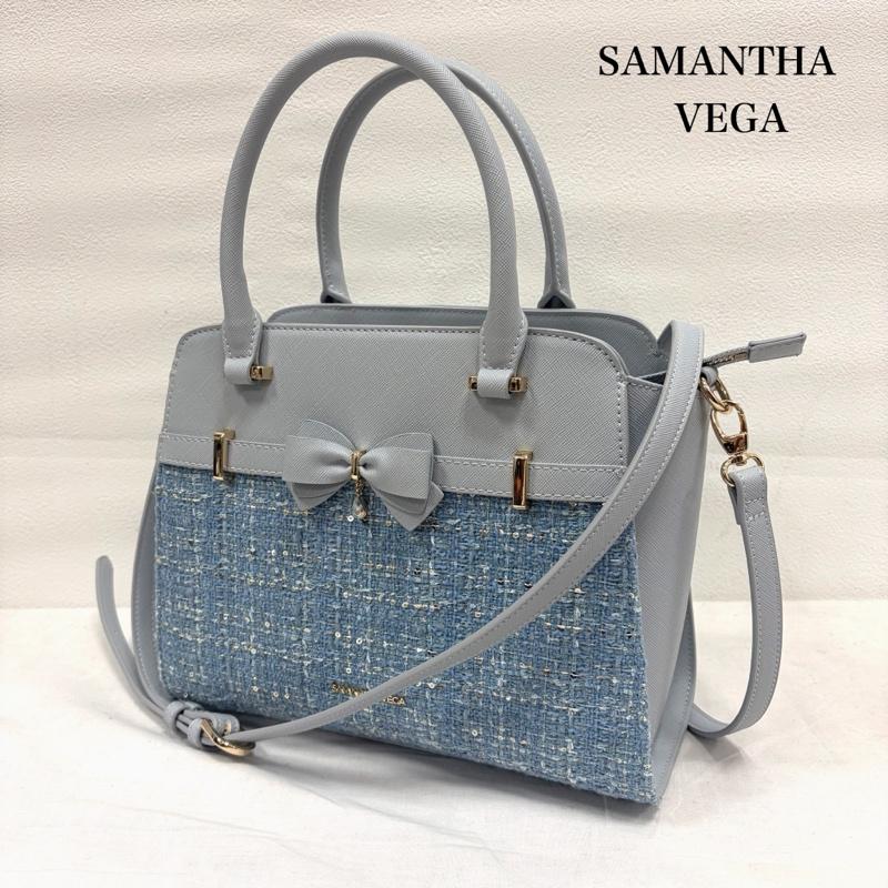 サマンサベガ Samantha Vega ショルダーバッグ ショルダーバッグ スパンコール ツイード リボン 2WAY ショルダー ハンド バッグ - ワンポイント X ロゴ、文字 水色 / ライトブルー / レディース USED 古着 中古 50167067