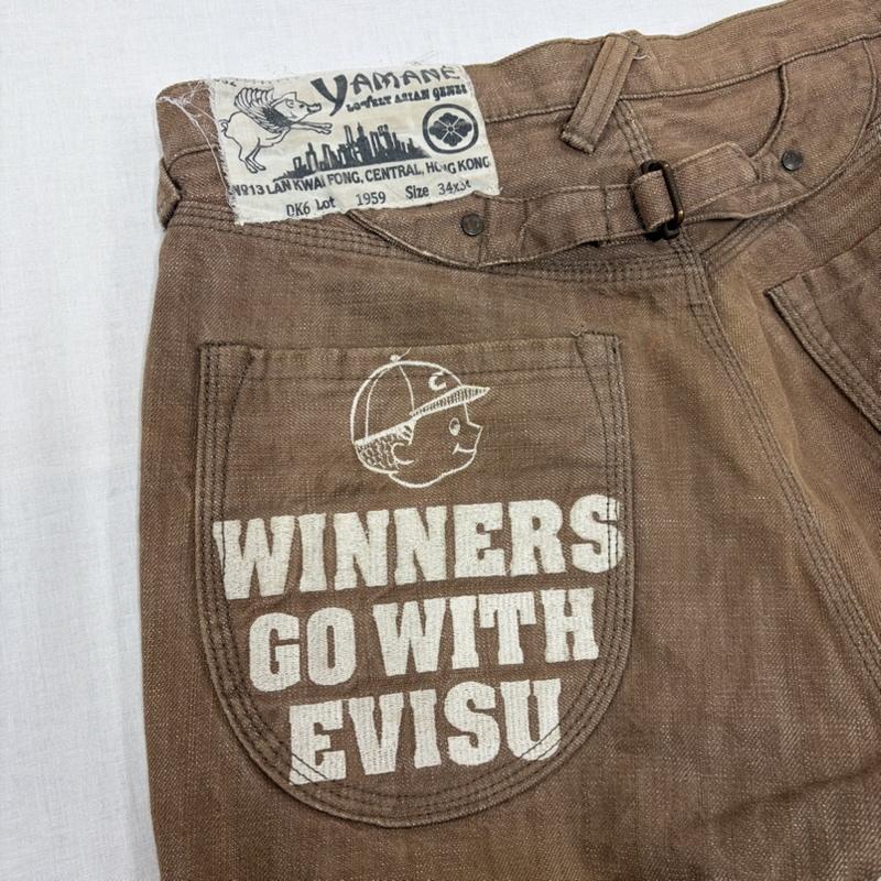 エヴィス EVISU パンツ ワークパンツ、ペインターパンツ YAMANE ヤマネ カモメ ロゴ 刺繍 シンチバック デニム ジーンズ ゴルフ パンツ 34 ロゴ、文字 X 刺繍 茶 / ブラウン / brown メンズ USED 古着 中古 50167162