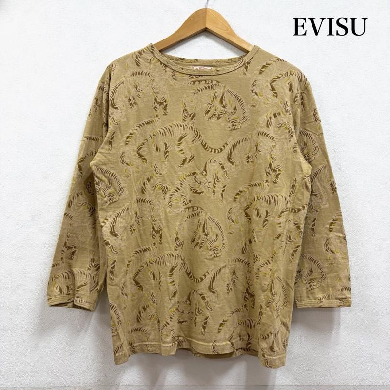 エヴィス EVISU Tシャツ 七分袖 タイガー プリント 総柄 七分袖 Tシャツ カットソー 38 総柄 X プリント ベージュ / ベージュ / beige X 茶 / ブラウン / brown メンズ USED 古着 中古 50167179
