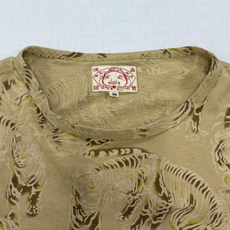 エヴィス EVISU Tシャツ 七分袖 タイガー プリント 総柄 七分袖 Tシャツ カットソー 38 総柄 X プリント ベージュ / ベージュ / beige X 茶 / ブラウン / brown メンズ USED 古着 中古 50167179