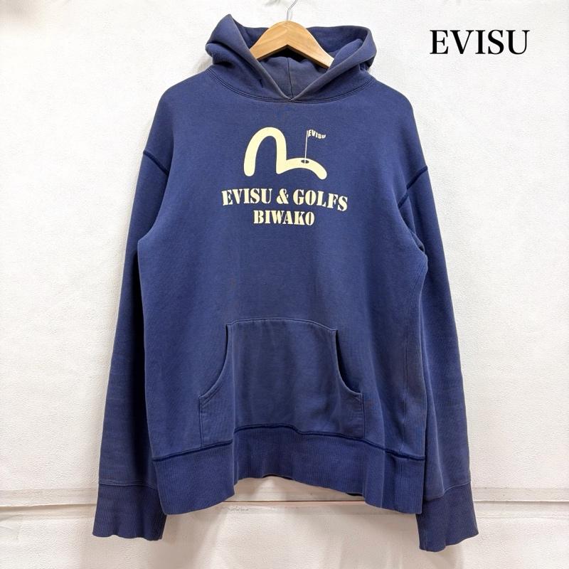 エヴィス EVISU パーカー 長袖 カモメ ロゴ GOLF BIWAKO プリント スウェット プルオーバー フーディー フェード ヴィンテージ 40 ロゴ、文字 X プリント 紺 / ネイビー / navy X 青 / ブルー / blue X 白 / ホワイト / white メンズ USED 古着 中古 50167197