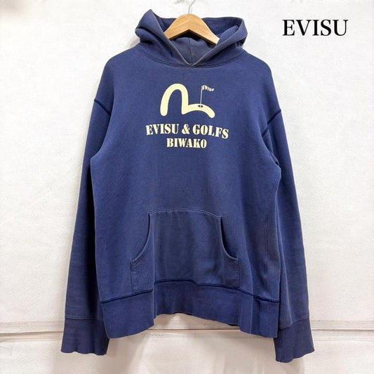 エヴィス EVISU パーカー 長袖 カモメ ロゴ GOLF BIWAKO プリント スウェット プルオーバー フーディー フェード ヴィンテージ 40 ロゴ、文字 X プリント 紺 / ネイビー / navy X 青 / ブルー / blue X 白 / ホワイト / white メンズ USED 古着 中古 50167197
