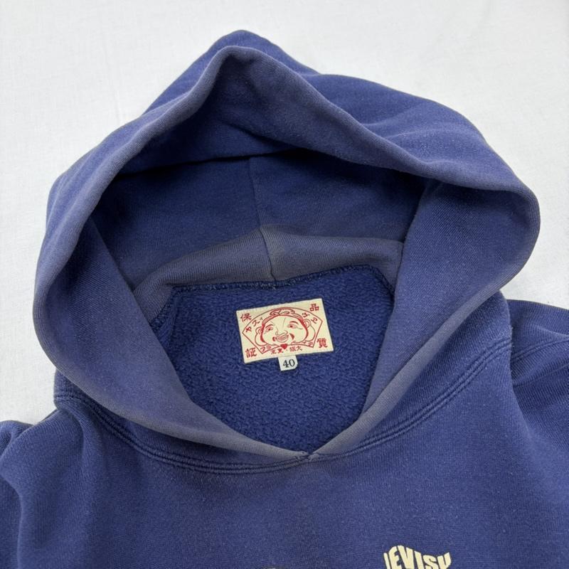エヴィス EVISU パーカー 長袖 カモメ ロゴ GOLF BIWAKO プリント スウェット プルオーバー フーディー フェード ヴィンテージ 40 ロゴ、文字 X プリント 紺 / ネイビー / navy X 青 / ブルー / blue X 白 / ホワイト / white メンズ USED 古着 中古 50167197
