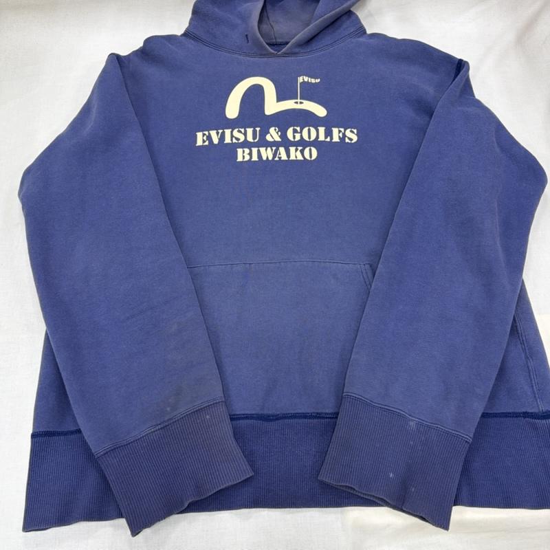 エヴィス EVISU パーカー 長袖 カモメ ロゴ GOLF BIWAKO プリント スウェット プルオーバー フーディー フェード ヴィンテージ 40 ロゴ、文字 X プリント 紺 / ネイビー / navy X 青 / ブルー / blue X 白 / ホワイト / white メンズ USED 古着 中古 50167197