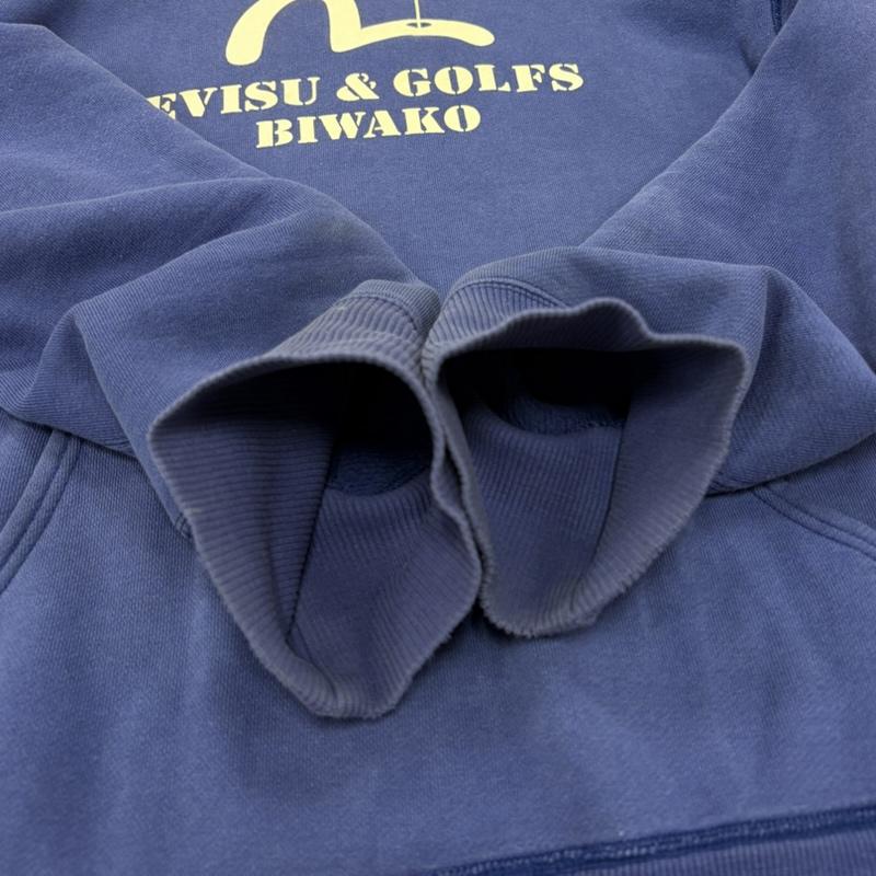 エヴィス EVISU パーカー 長袖 カモメ ロゴ GOLF BIWAKO プリント スウェット プルオーバー フーディー フェード ヴィンテージ 40 ロゴ、文字 X プリント 紺 / ネイビー / navy X 青 / ブルー / blue X 白 / ホワイト / white メンズ USED 古着 中古 50167197