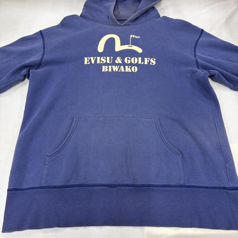 エヴィス EVISU パーカー 長袖 カモメ ロゴ GOLF BIWAKO プリント スウェット プルオーバー フーディー フェード ヴィンテージ 40 ロゴ、文字 X プリント 紺 / ネイビー / navy X 青 / ブルー / blue X 白 / ホワイト / white メンズ USED 古着 中古 50167197