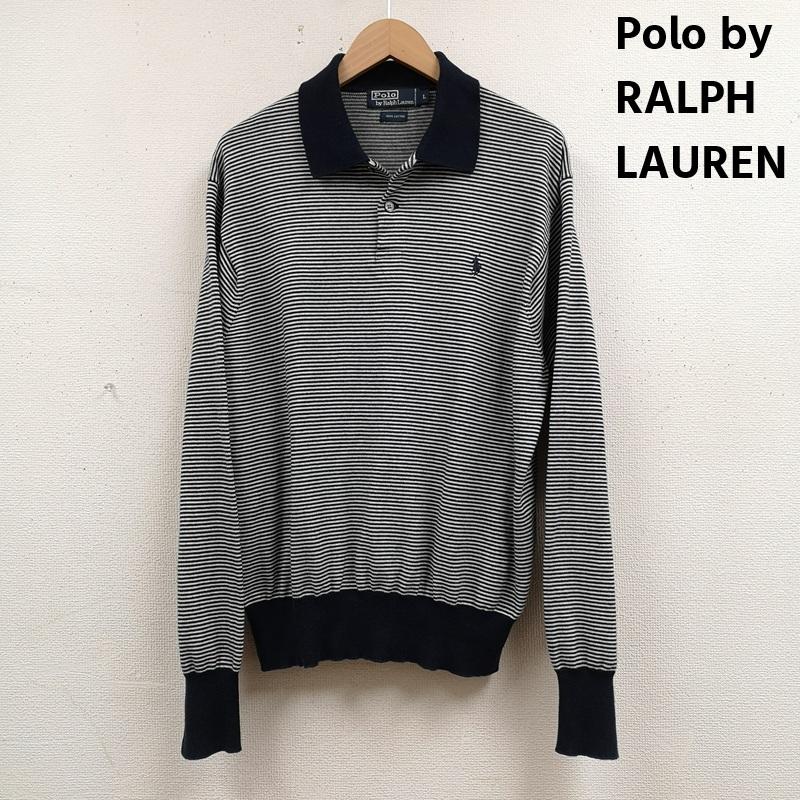 ポロバイラルフローレン Polo by RALPH LAUREN ポロシャツ 長袖 ポニー ロゴ 刺繍 ボーダー ストライプ ニット 長袖 ポロシャツ L 白 / ホワイト / white X 紺 / ネイビー / navy メンズ USED 古着 中古 50167212