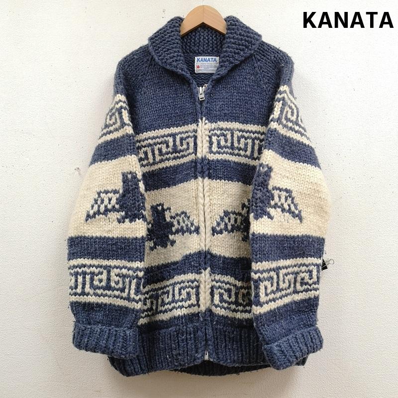 カナタ KANATA ニット、セーター 長袖 カナダ製 90s HAND MADE サンダーバード柄 ニット カウチン セーター 白 / ホワイト / white X 青 / ブルー / blue メンズ USED 古着 中古 50167239