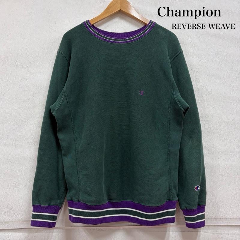 チャンピオン Champion トレーナー 長袖 REVERSEWEAVE リバースウィーブ プルオーバー スウェット トレーナー ロゴ 刺繍 リブライン L ワンポイント X ロゴ、文字 X 刺繍 緑 / グリーン / green X 紫 / パープル / purple メンズ USED 古着 中古 50167277