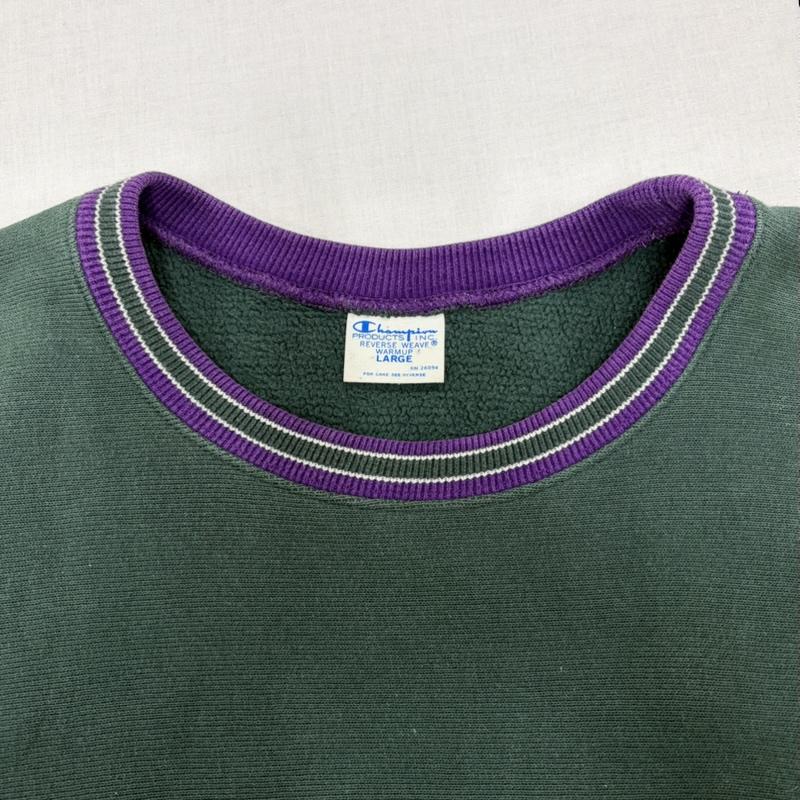 チャンピオン Champion トレーナー 長袖 REVERSEWEAVE リバースウィーブ プルオーバー スウェット トレーナー ロゴ 刺繍 リブライン L ワンポイント X ロゴ、文字 X 刺繍 緑 / グリーン / green X 紫 / パープル / purple メンズ USED 古着 中古 50167277