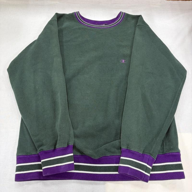 チャンピオン Champion トレーナー 長袖 REVERSEWEAVE リバースウィーブ プルオーバー スウェット トレーナー ロゴ 刺繍 リブライン L ワンポイント X ロゴ、文字 X 刺繍 緑 / グリーン / green X 紫 / パープル / purple メンズ USED 古着 中古 50167277