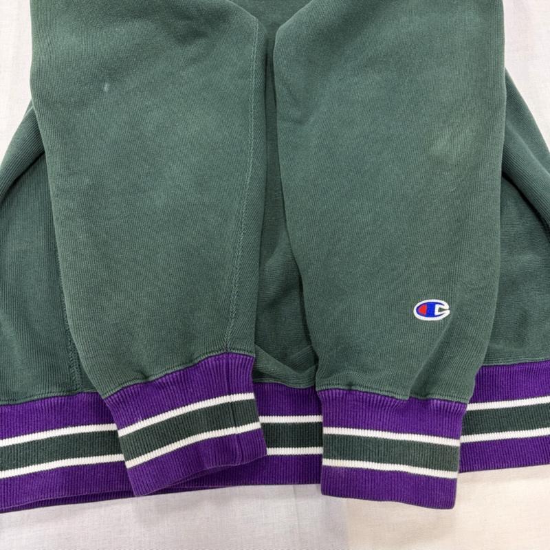 チャンピオン Champion トレーナー 長袖 REVERSEWEAVE リバースウィーブ プルオーバー スウェット トレーナー ロゴ 刺繍 リブライン L ワンポイント X ロゴ、文字 X 刺繍 緑 / グリーン / green X 紫 / パープル / purple メンズ USED 古着 中古 50167277