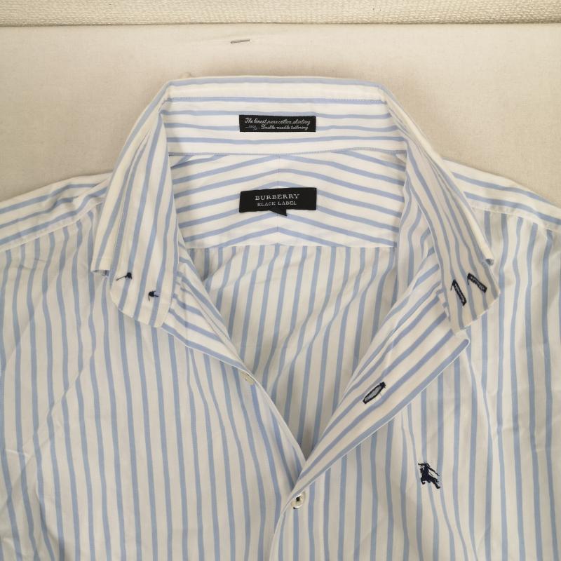 バーバリーブラックレーベル BURBERRY BLACK LABEL シャツ、ブラウス 長袖 ストライプ ノバチェック ワンポイント ボタンダウン 長袖 ロングスリーブ シャツ 38 白 / ホワイト / white X 水色 / ライトブルー / メンズ USED 古着 中古 50167419