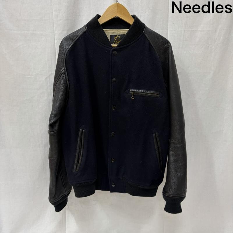 ニードルス Needles ジャケット、上着 ジャンパー、ブルゾン deerskin sleeve award jacket レザースタジャン アワードジャケット ディアスキン M 無地 黒 / ブラック / black X 紺 / ネイビー / navy メンズ USED 古着 中古 50167457