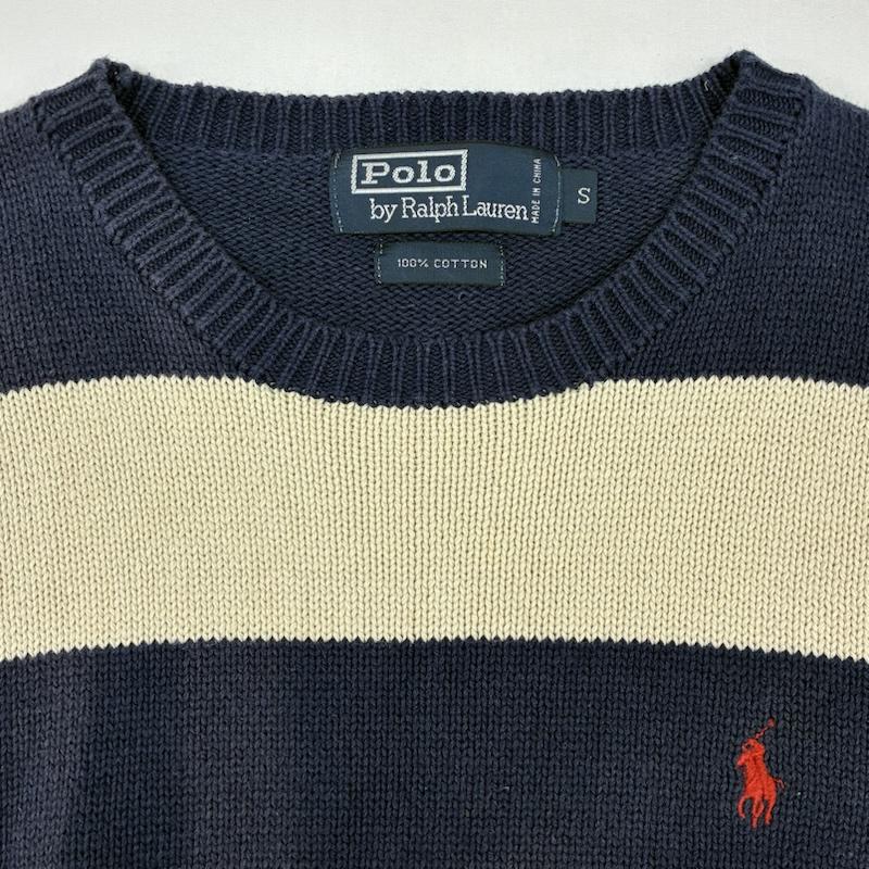 ポロバイラルフローレン Polo by RALPH LAUREN ニット、セーター 長袖 ポニー 刺繍 ボーダー コットン クルーネック ニット セーター S メンズ USED 古着 中古 50167483