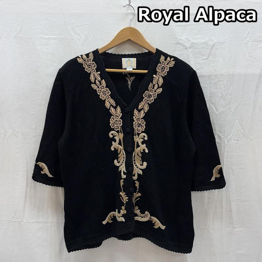 古着 USED カーディガン 半袖 ROYAL ALPACA ロイヤルアルパカ コットンレーヨン 刺繍 ニット カーディガン ペルー製 M 黒 / ブラック / black レディース USED 古着 中古 50167491