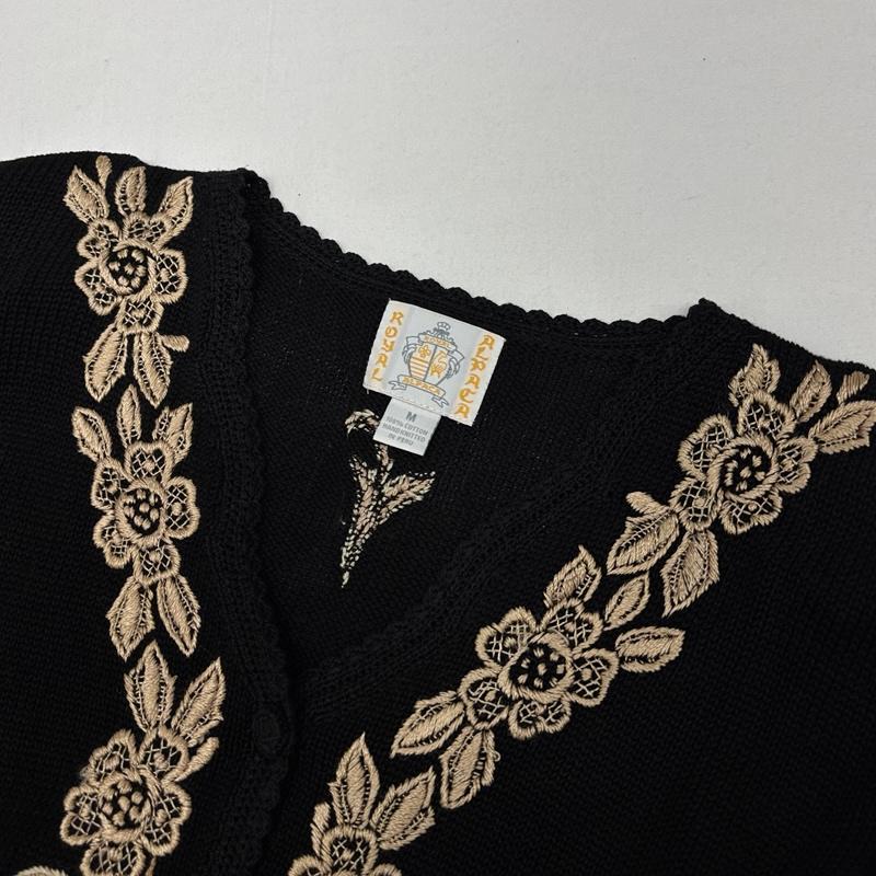 古着 USED カーディガン 半袖 ROYAL ALPACA ロイヤルアルパカ コットンレーヨン 刺繍 ニット カーディガン ペルー製 M 黒 / ブラック / black レディース USED 古着 中古 50167491
