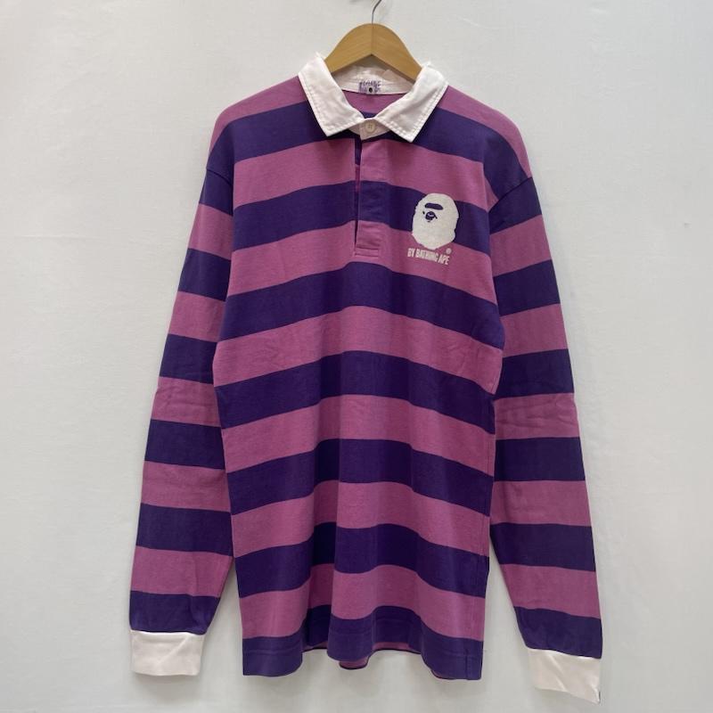 アベイシングエイプ A BATHING APE ポロシャツ 長袖 ボーダー柄 ラガーシャツ エイプヘッド ワンポイント ロゴ エルボーパッチ L 桃 / ピンク / pink X 紫 / パープル / purple メンズ USED 古着 中古 50167508