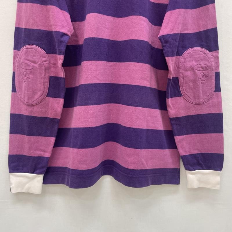 アベイシングエイプ A BATHING APE ポロシャツ 長袖 ボーダー柄 ラガーシャツ エイプヘッド ワンポイント ロゴ エルボーパッチ L 桃 / ピンク / pink X 紫 / パープル / purple メンズ USED 古着 中古 50167508