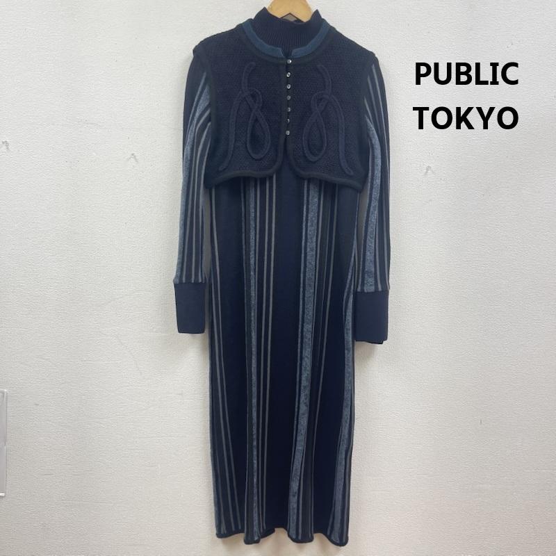 パブリックトウキョウ PUBLIC TOKYO ワンピース ロングスカート 日本製 エンブロイダリー ストライプ ワンピース ニット ロング ワンピース 161510008 FREE 紺 / ネイビー / navy レディース USED 古着 中古 50167523