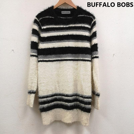 バッファローボブズ BUFFALO BOBS ニット、セーター 長袖 モノトーン ボーダー シャギー ニット クルーネック セーター KIB2307 2 白 / ホワイト / white X 黒 / ブラック / black メンズ USED 古着 中古 50167608