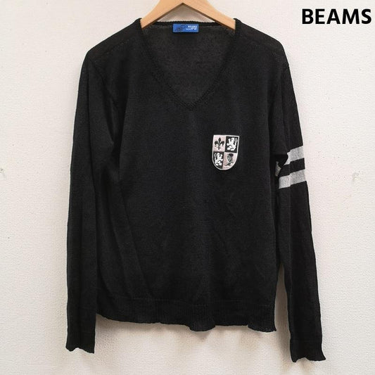 ビームス BEAMS ニット、セーター 長袖 エンブレム 紋章 ワッペン ダブルライン Vネック ニット セーター M 黒 / ブラック / black メンズ USED 古着 中古 50167610