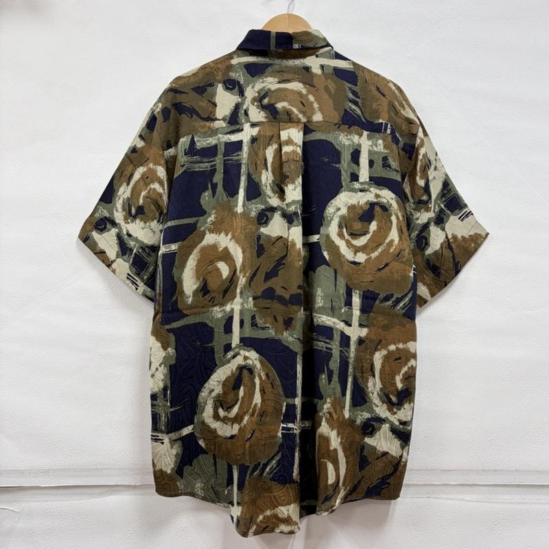 ヴィンテージ VINTAGE シャツ、ブラウス 半袖 80s 90s GOOUCH 半袖 アート 総柄 プリント シャツ 絹 シルク 100％ ヴィンテージ S 総柄 紺 / ネイビー / navy X 茶 / ブラウン / brown X 緑 / グリーン / green メンズ USED 古着 中古 50167682