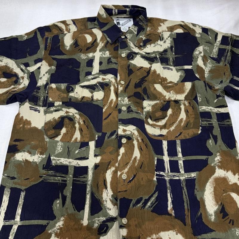 ヴィンテージ VINTAGE シャツ、ブラウス 半袖 80s 90s GOOUCH 半袖 アート 総柄 プリント シャツ 絹 シルク 100％ ヴィンテージ S 総柄 紺 / ネイビー / navy X 茶 / ブラウン / brown X 緑 / グリーン / green メンズ USED 古着 中古 50167682