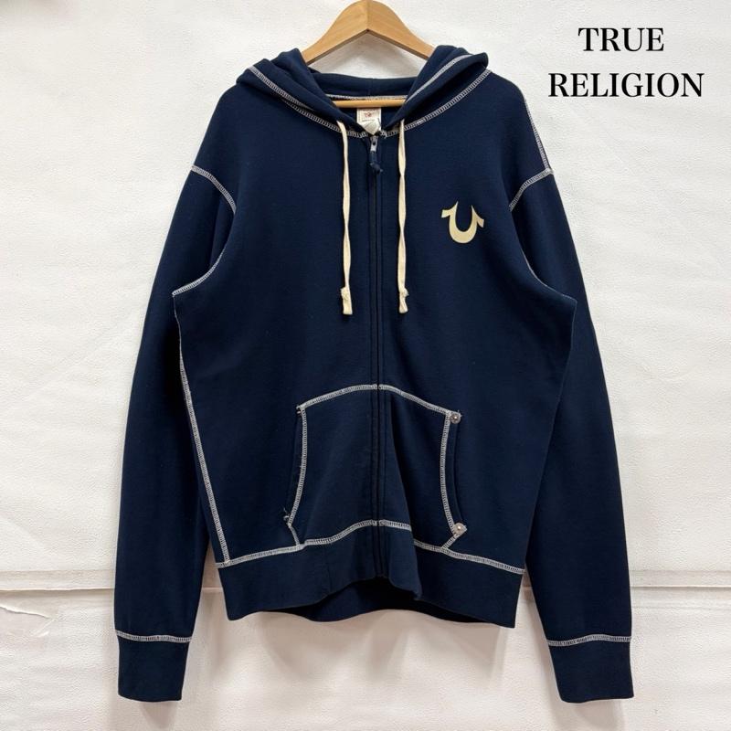 トゥルーレリジョン TRUE RELIGION パーカー 長袖 スウェット ジップアップ パーカー ステッチ ロゴ プリント L ワンポイント X ロゴ、文字 X プリント 紺 / ネイビー / navy X 白 / ホワイト / white メンズ USED 古着 中古 50167690